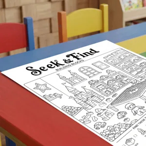Detailed view of kids coloring poster showing castle and building blocks line art patterns.