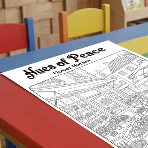 Vista detallada del póster para colorear de calle europea para niños, página de libro de arte.