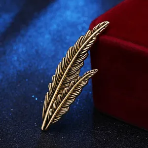 Vintage gold feather brooch leaf lapel pin for men women suit jacket decorative accessory detail