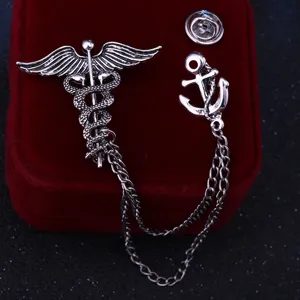 Retro silver tone caduceus snake and anchor brooch pin with chain for men suit jacket