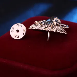 Gedetailleerd overzicht van de gouden leeuwenkop broche met pin en veilige sluiting.