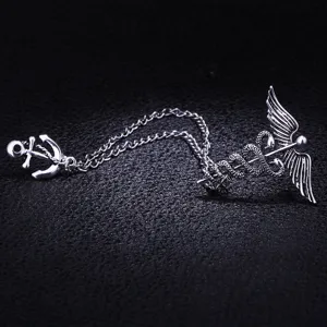 Vintage silver tone caduceus and anchor double chain brooch close up detail view product