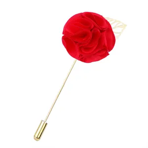 Rote Stoff Rose Anstecknadel mit langem goldenen Stab fuer Herren Anzug Hochzeit