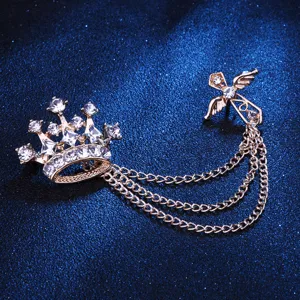 Spilla con catena e corona rétro da uomo accessorio vintage per abito con nappe.
