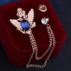 Vintage Herren Krone Doppeladler Brosche mit Kette Quaste fuer Anzug Reversnadel Schmuck.