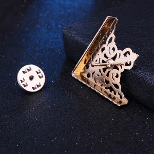 Vintage gold collar tips clip back view detail, retro metal corner pin for men shirts.