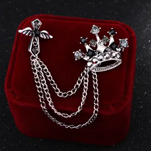 Vintage Strass Corona Croce Catena Spilla Uomo Abito Retro Gioiello Accessorio Moda
