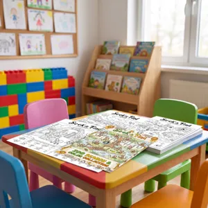 Detailed view of children zoo theme seek and find coloring book set on playroom table.