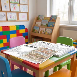 Libro de colorear escena de calle europea cartel de pintura para aprendizaje infantil