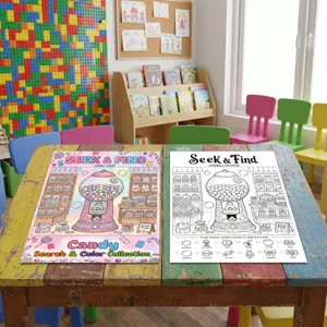 Kids candy theme coloring poster and seek and find activity book for creative drawing