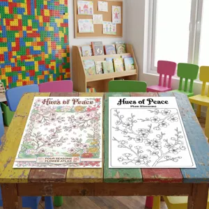 Vista detallada de posters para colorear con tematica floral de estaciones sobre mesa infantil.