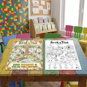 Kids seek and find coloring poster set, zoo and farm animal activity books for kids.
