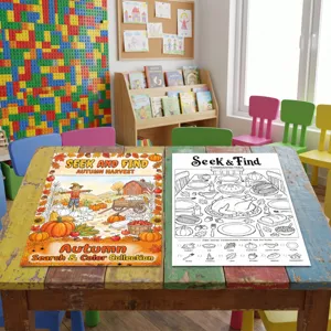 Close-up detail of autumn harvest and Thanksgiving coloring posters for kids, educational activity.
