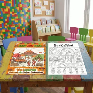 Kids volcano theme coloring poster set, educational seek and find art painting book pages for kids.
