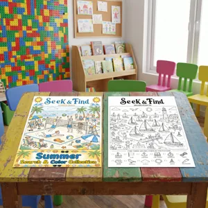 Vue détaillée de posters de recherche et de coloriage pour enfants sur le thème de la plage.