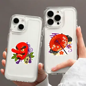 Clear transparent phone case with Japanese traditional Tengu mask and red umbrella print.
