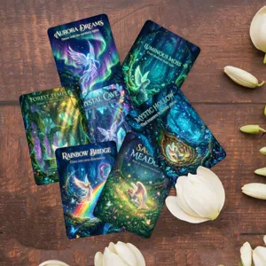 Vista dettagliata di carte oracolo di fate mistiche con angeli e testi guida stimolanti.