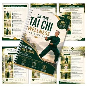 Detailed view of the 28-day Tai chi wellness manual showing daily posture exercises and guides.
