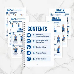 Dettaglio ravvicinato del manuale di allenamento fitness con piani e guide giornaliere.