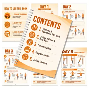 Detailansicht der 21-Tage-Fitnesshandbuch-Seiten, Übungsanleitungen und Fortschrittsplaner.