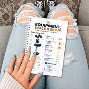 Detailansicht eines 28-seitigen Fitness-Planer-Notizbuchs mit Fitness-Checklisten und Anleitungen.