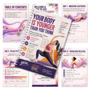 Vista dettagliata del manuale di allenamento pilates di 28 giorni con programmi giornalieri.