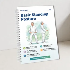 Tai Chi Trainingshandbuch Notizbuchseite mit grundlegender Stehhaltung und Schritt-Anleitung.