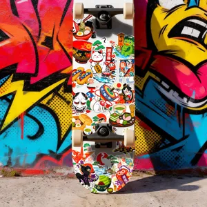 Japanese anime style cute cartoon waterproof stickers set decorated on white skateboard.