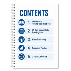 Dettaglio del planner fitness a spirale di 28 pagine che mostra la pagina del sommario.
