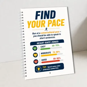 Running training notebook inner page with heart rate zones and pace guide for fitness.