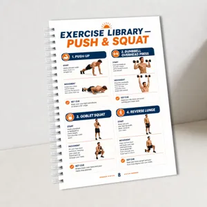 Heim-Fitness-Planer Notizbuch Detail, 30-Tage Übungsanleitung mit klaren Push-Squat-Schritten.
