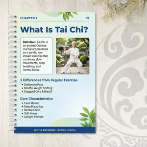 Tai Chi Trainingsnotizbuch Spiralgebundenes Handbuchseitendetail mit Übungsanleitung.