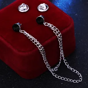 Herren minimalistische doppellagige Kette schwarzer Strass Kragennadel Hemd Brosche