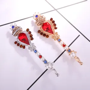 Vintage Barocco Corona Bacchetta Magica Spilla Set Pietra Rossa Strass Perla Gioielli