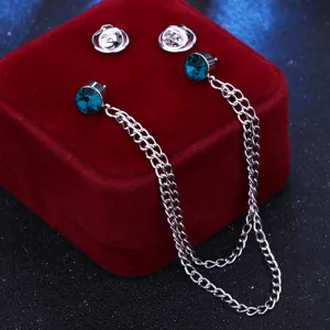 Blauer Strass Kragennadel Doppelkette Hemd Brosche Mode Herren Anzug Zubehör Detail