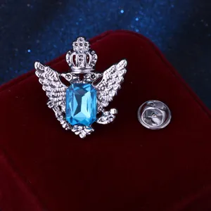 Spilla vintage aquila argento con cristallo blu, design corona classico per uomo.