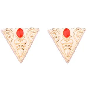 Vintage triangle brooch collar pin with red enamel and gold filigree for men women