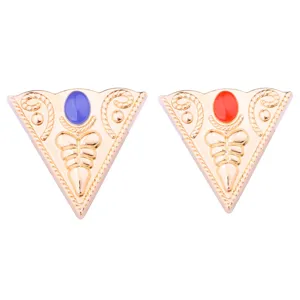 Vintage triangle collar pin set, gold tone metal brooch with red and blue gem accents for men.