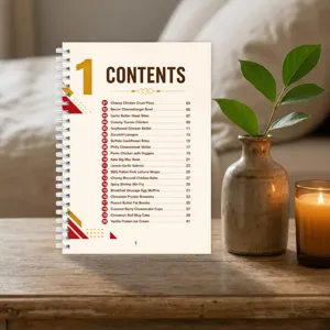 Detailed close-up shot of spiral-bound recipe book showing contents index on wooden desk.