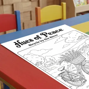 Poster da colorare DIY per bambini, paesaggio pastorale in bianco e nero per una pittura rilassante.