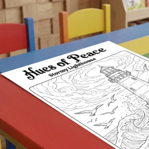 Detailed view of ocean theme coloring poster featuring lighthouse and seagulls for kids art activity.