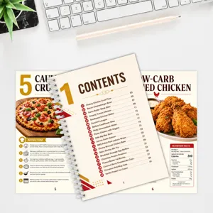 Low-carb recipe spiral notebook manual with daily cooking guides, recipe index, and nutrition facts.