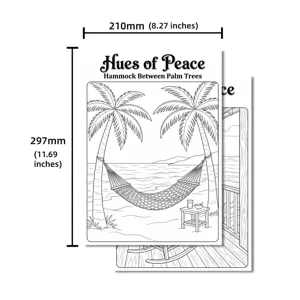 Póster para colorear tamaño A4 para adultos con diseño relajante de hamaca de playa y palmeras.