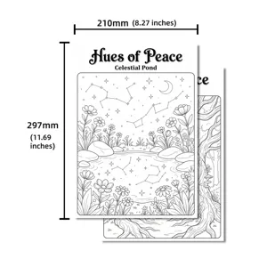 A4 size coloring poster relaxing celestial pond design line art paper DIY painting sheets