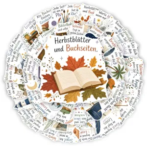 Esthetische literaire stickerpack met 50 stuks herfst- en boekmotieven voor journals.
