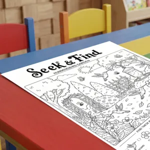 Close-up of the kids coloring poster featuring hummingbird and garden patterns on a colorful desk.
