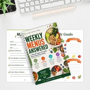Carnet de notes planificateur de menu hebdomadaire de 28 jours, guide de repas et journal alimentaire.