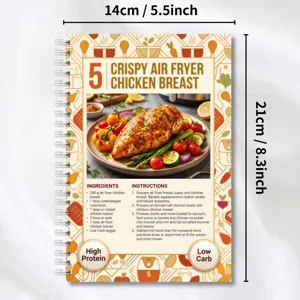 Detailed view of air fryer chicken breast recipe spiral notebook cover with food photography.