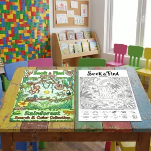 Set di poster da colorare cerca e trova giungla, libro di disegno educativo per bambini.