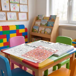 Vista dettagliata delle pagine del libro da colorare mandala su un tavolo per bambini.